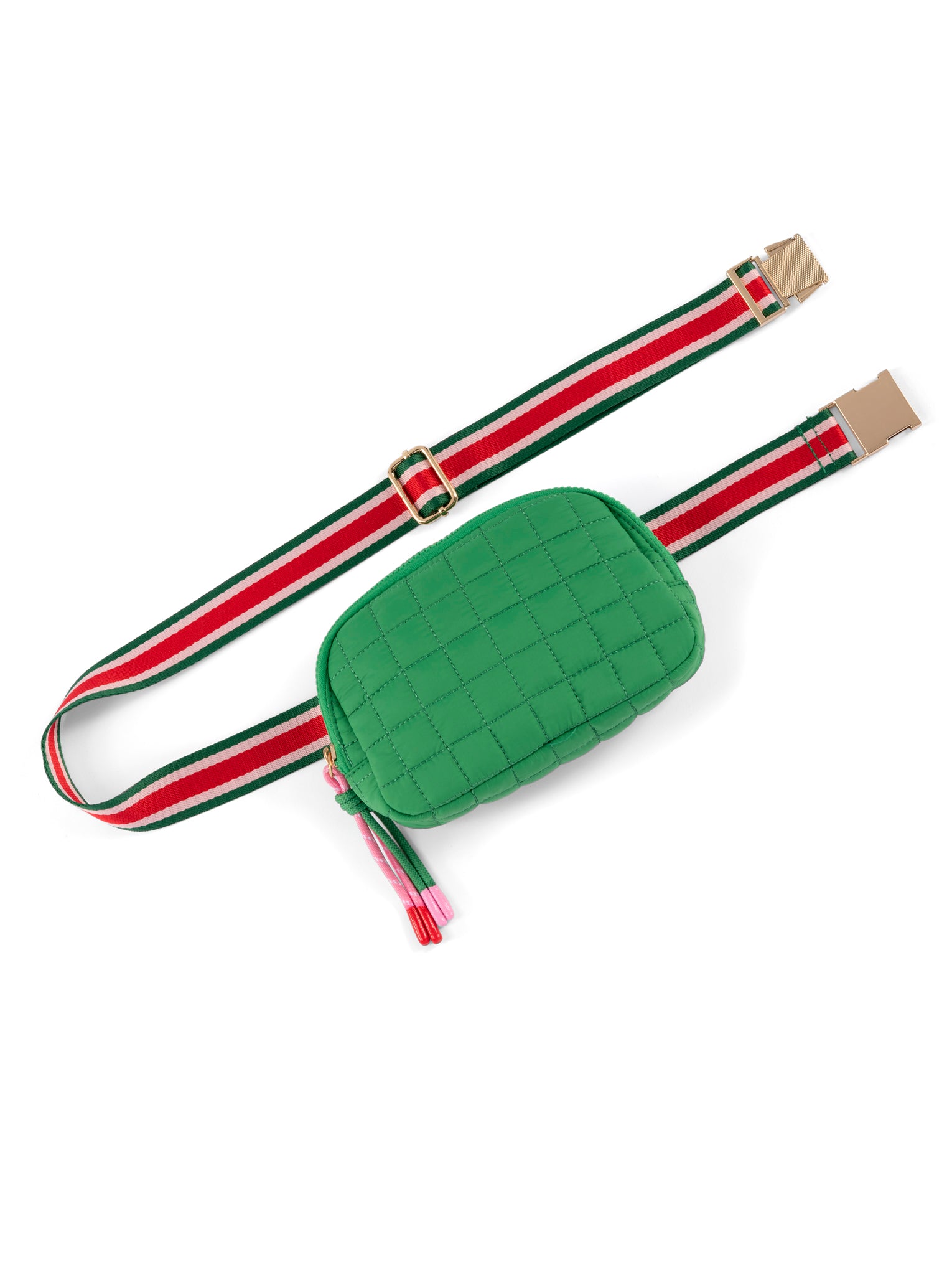 Quilted Puffer Belt Bag Green with Contrast Pink and Green Stripe Strap