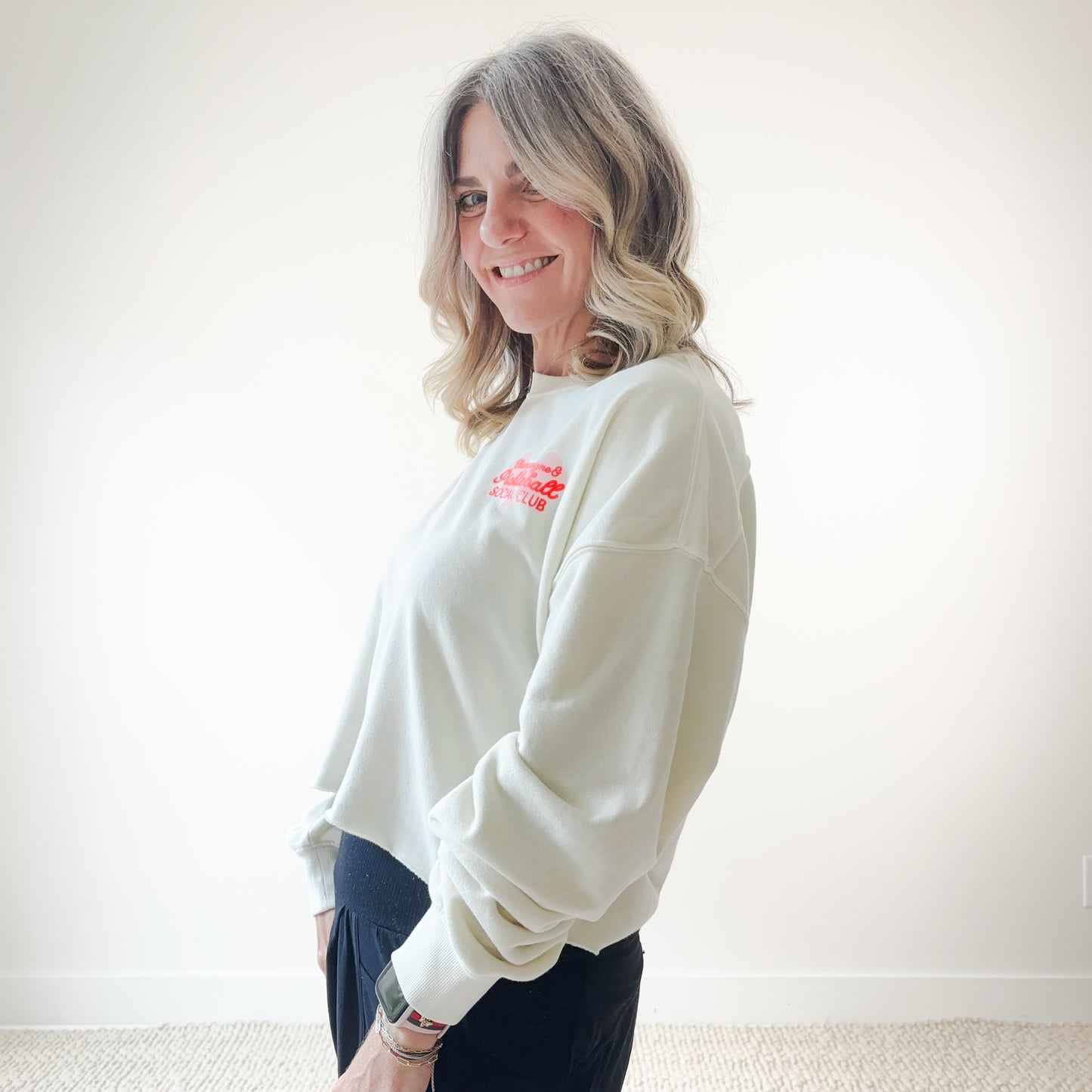 Ivory Champagne & Pickleball Social Club Long Sleeve Raw Edge Sweatshirt