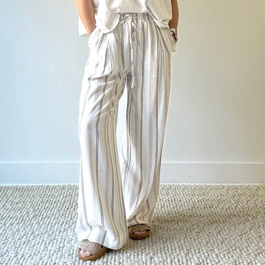 Women's white and tan striped smocked waist pull on pant with drawcord and pockets