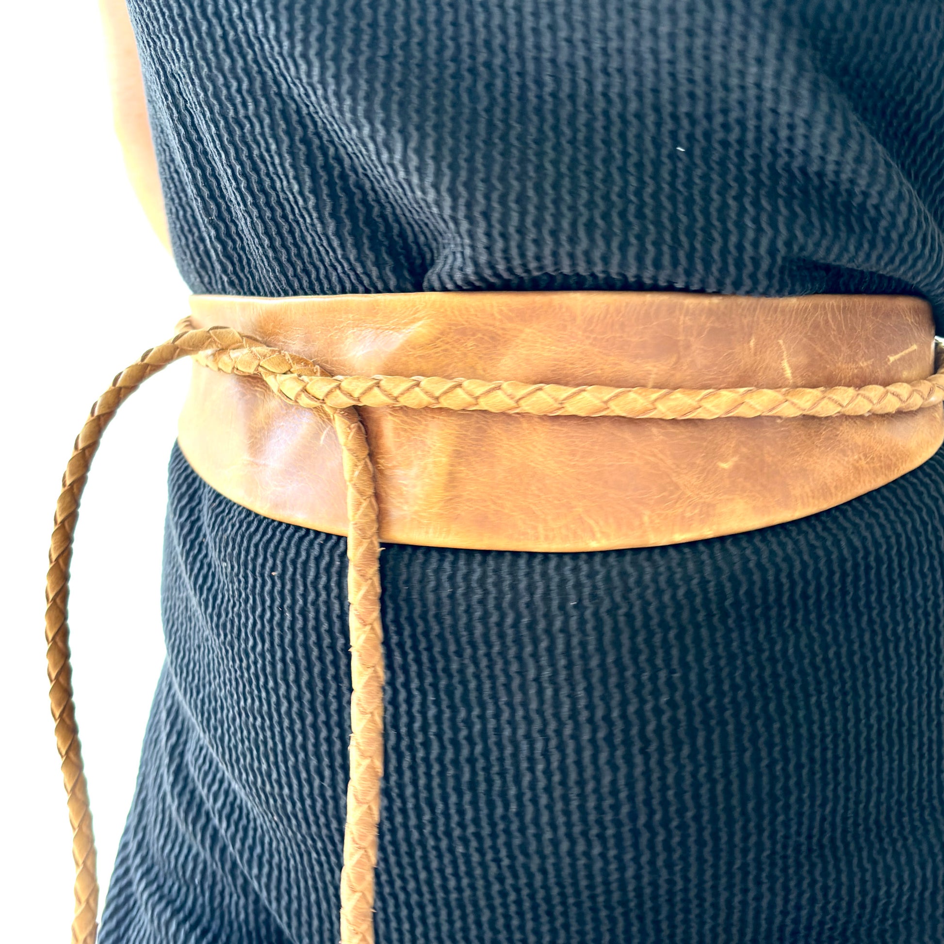 Women's caramel leather obi wrap belt with braided tassel tie
