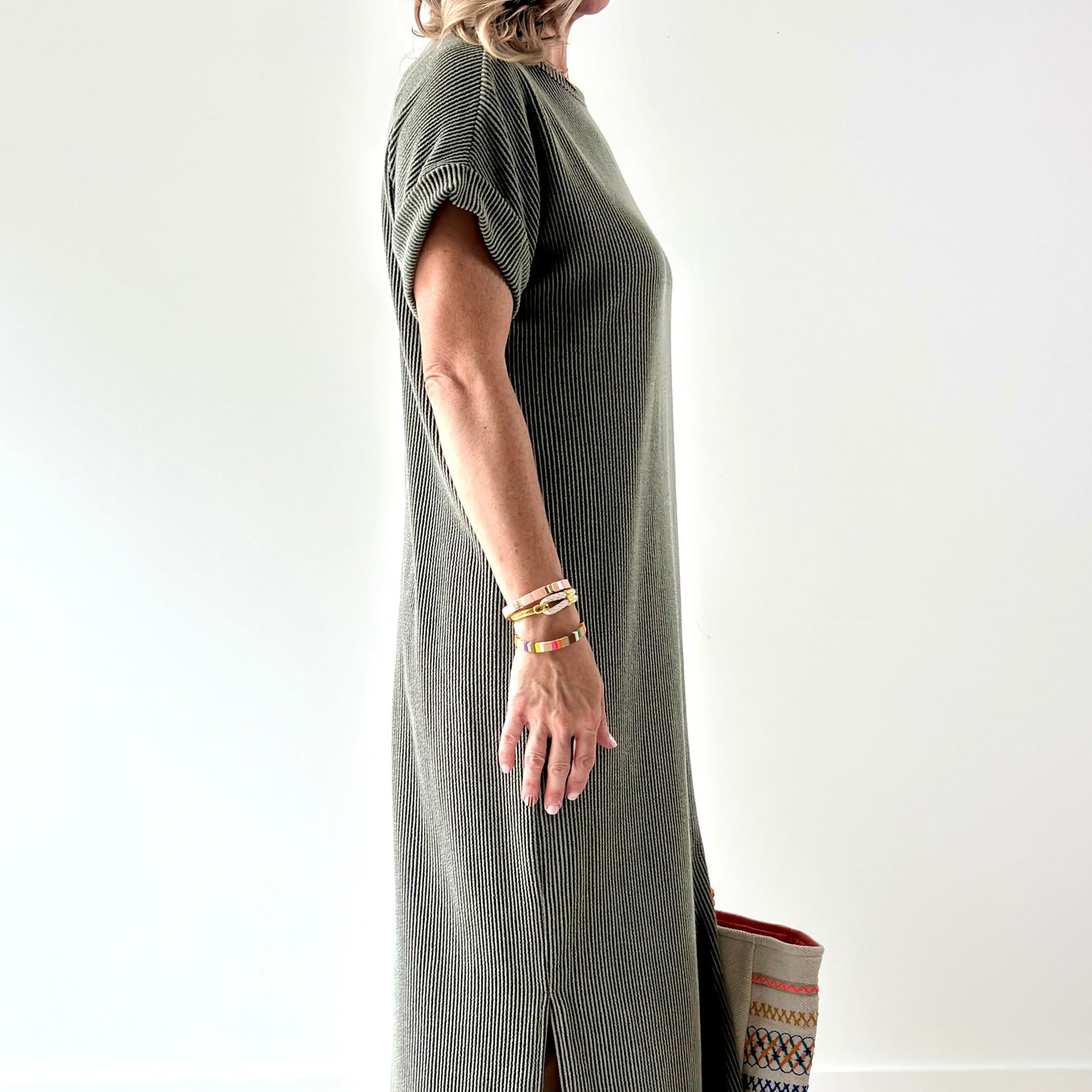 Women's Olive Textured Rib Short Sleeve High Low Midi Dress