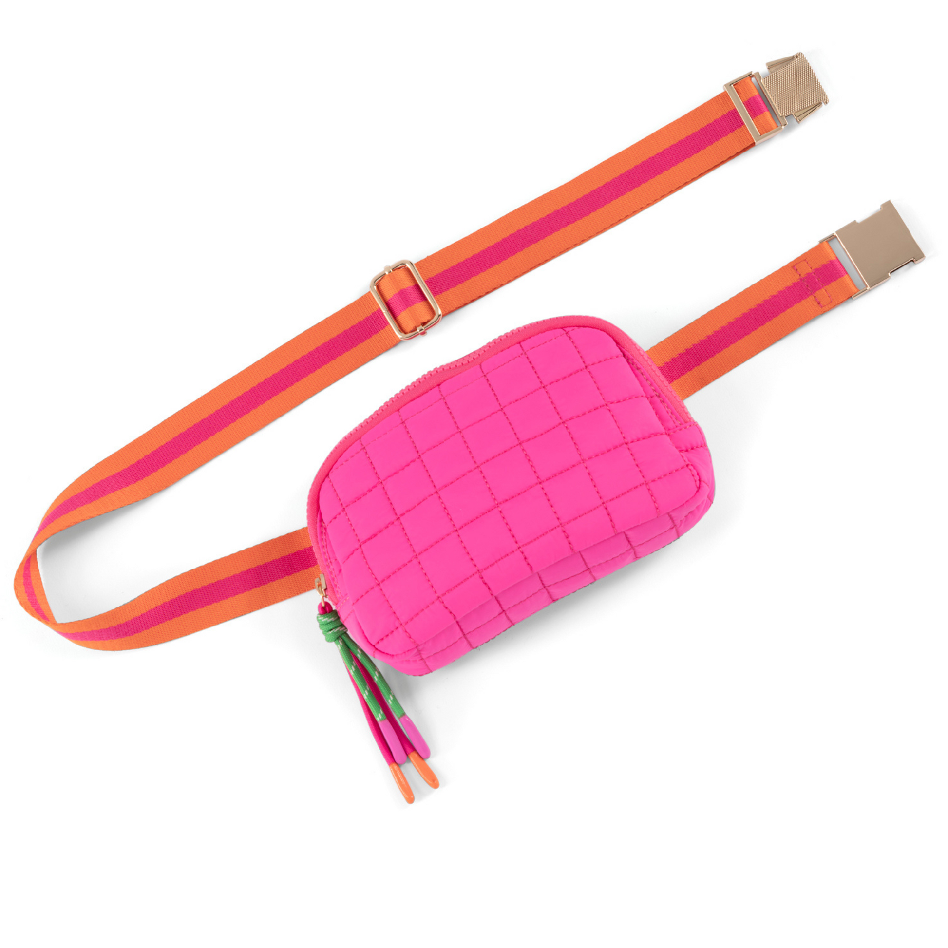 Quilted Puffer Belt Bag Hot Pink with Contrast Stripe Strap