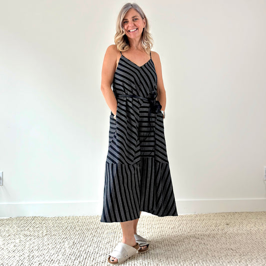 Women's black and white bias stripe tank midi dress