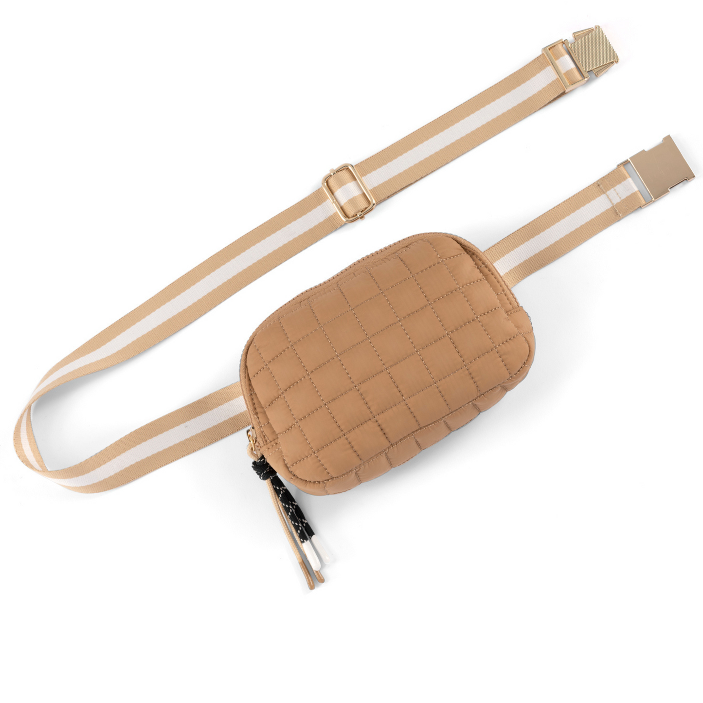 Quilted Puffer Belt Bag Tan with Contrast Stripe Strap