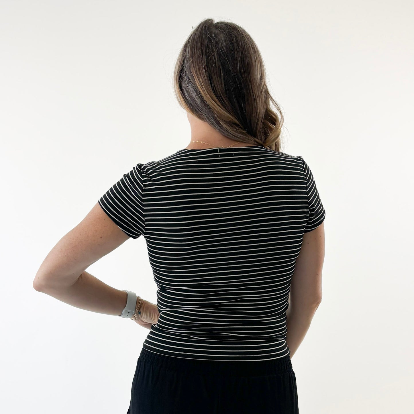 Black with white stripe stretch square neck t shirt