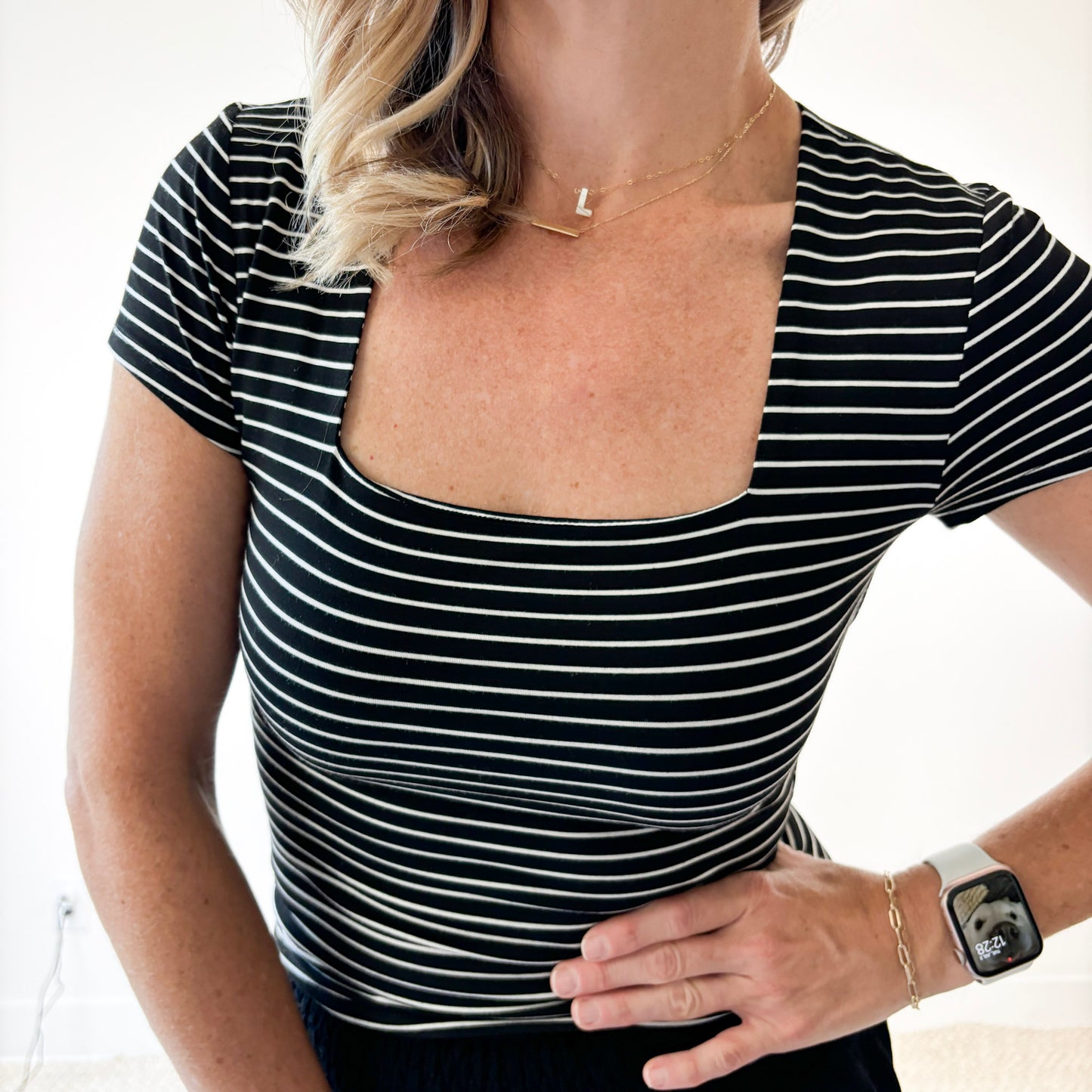 Black with white stripe stretch square neck t shirt