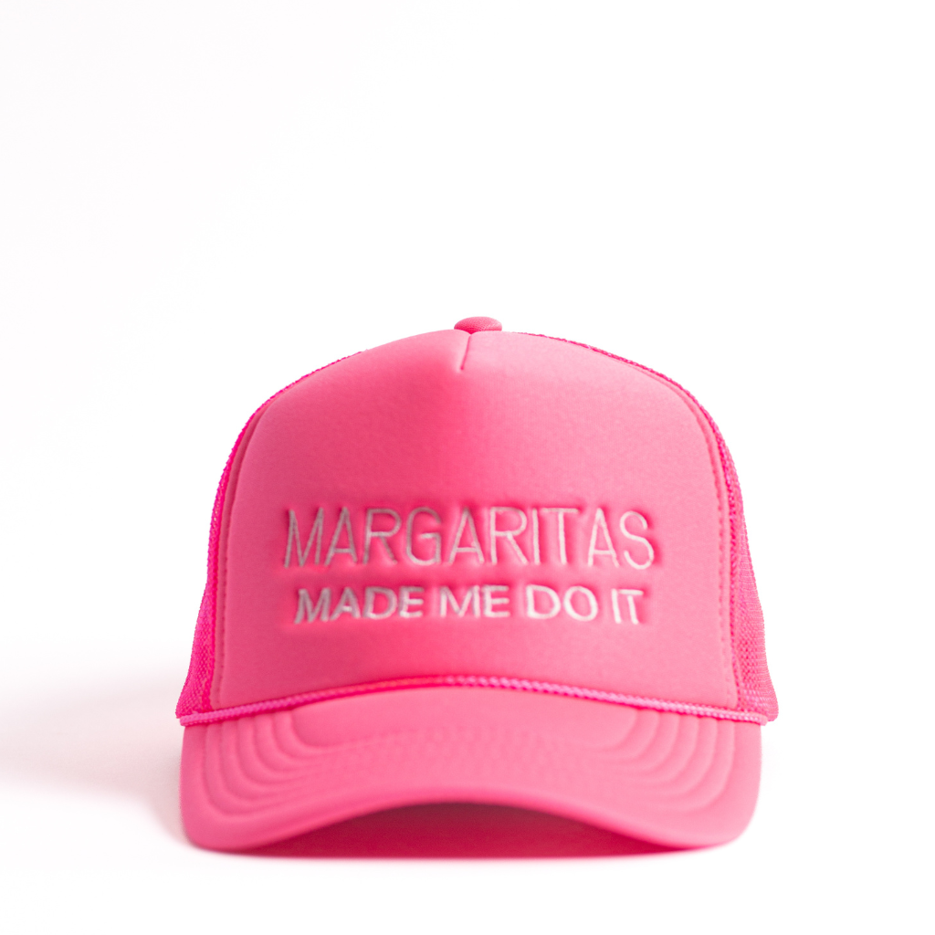 Neon pink with light pink embroidered margaritas made me do it high profile trucker hat