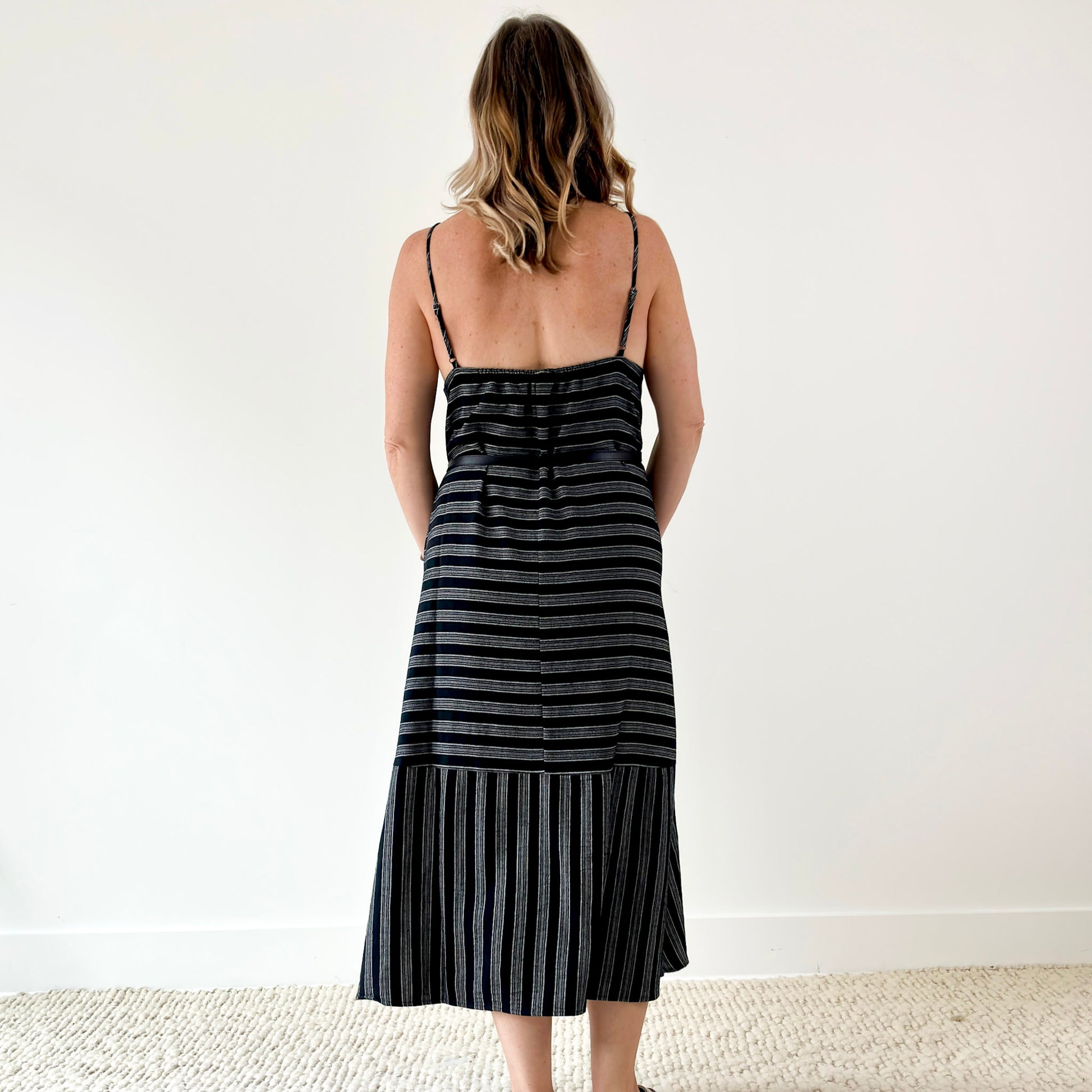 Women's black and white bias stripe tank midi dress