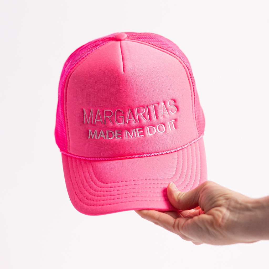 Neon pink with light pink embroidered margaritas made me do it high profile trucker hat