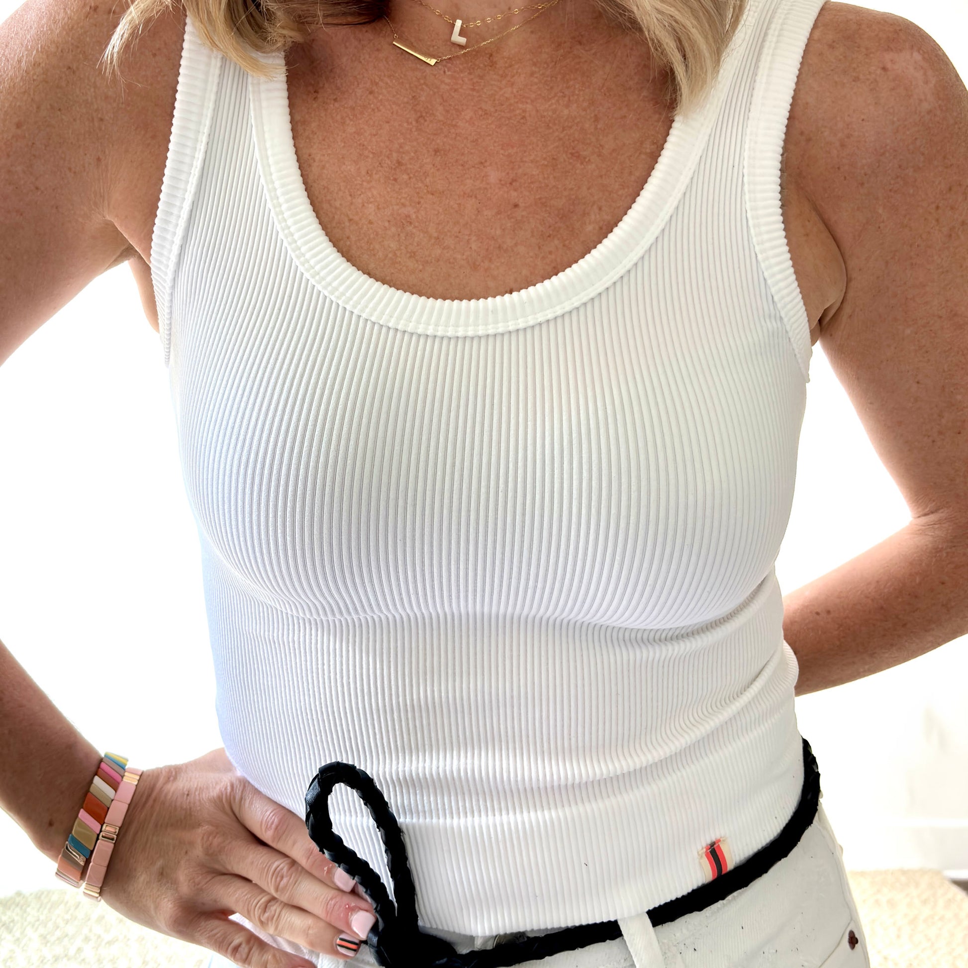 Women's white ribbed wide strap compression tank top