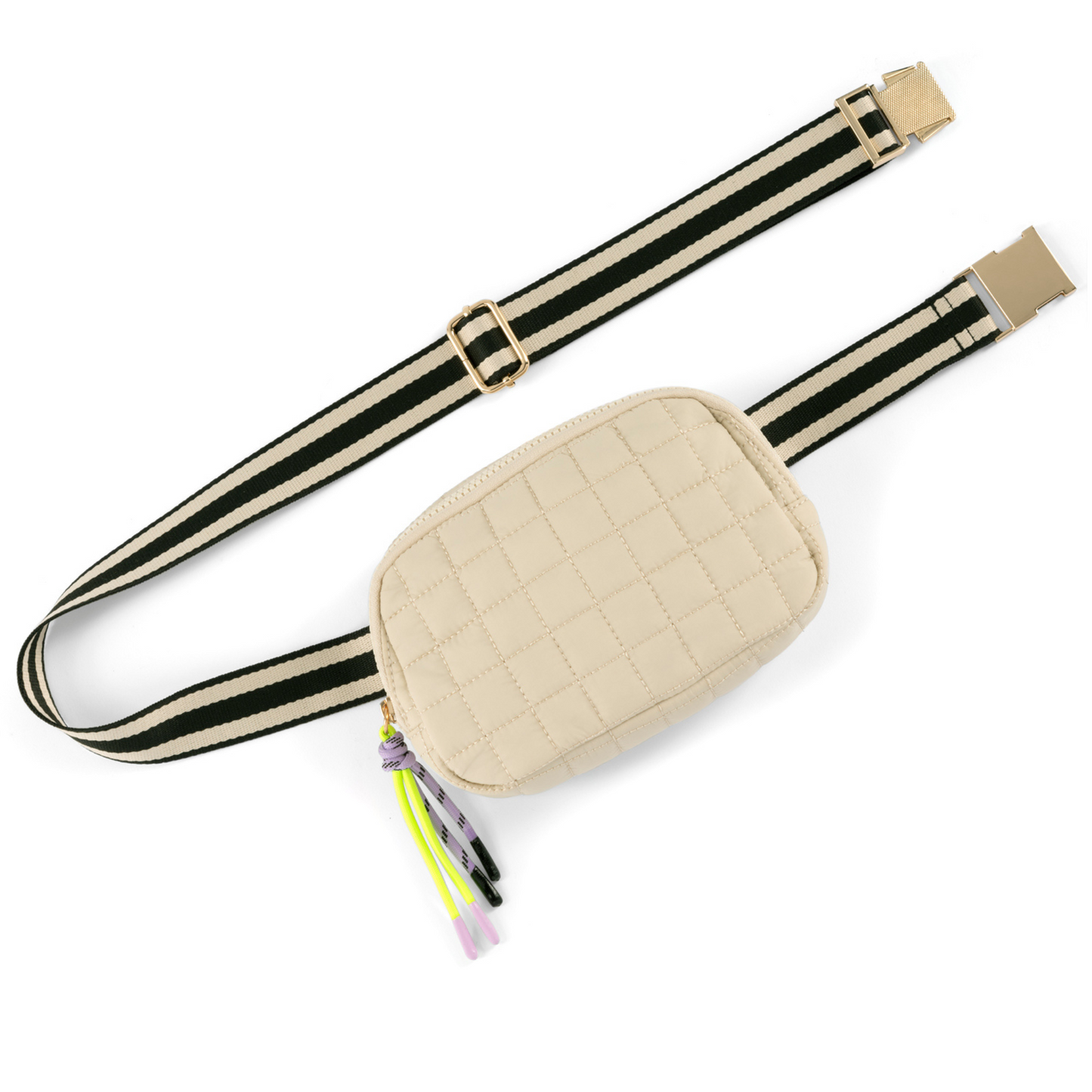 Quilted Puffer Belt Bag Ivory with Contrast Stripe Strap