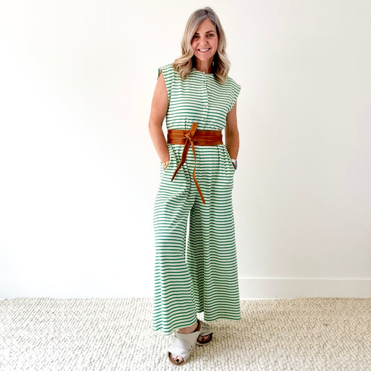 Green and white stripe wide leg button front jumpsuit