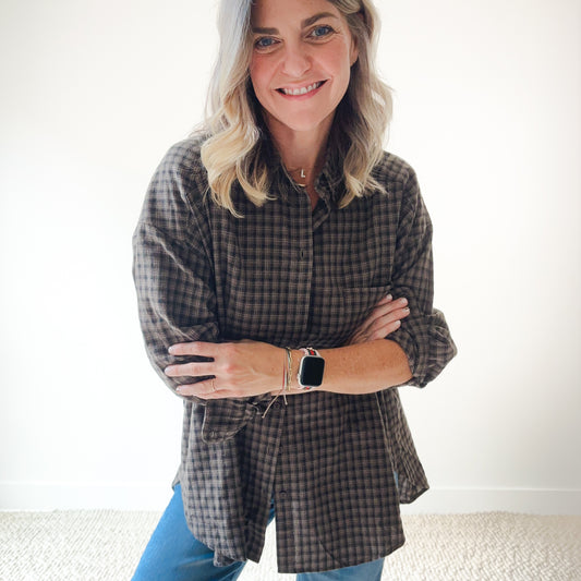 Oversized Plaid Button Front Tunic Top