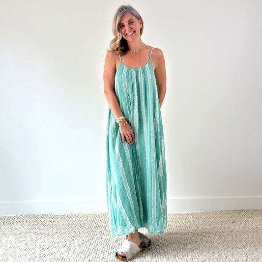 Women's mint and white textured stripe tank style maxi dress with low back