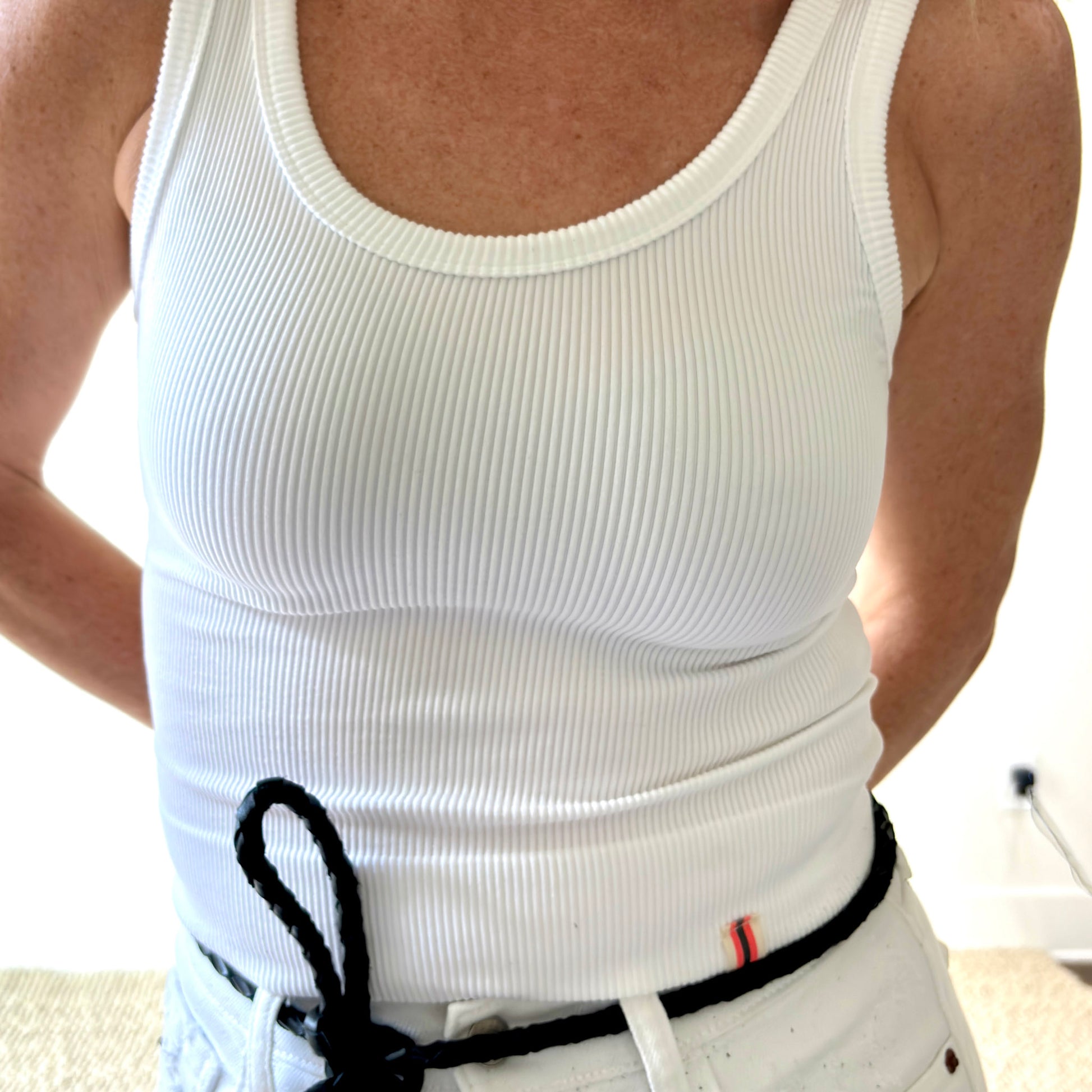 Women's white ribbed wide strap compression tank top