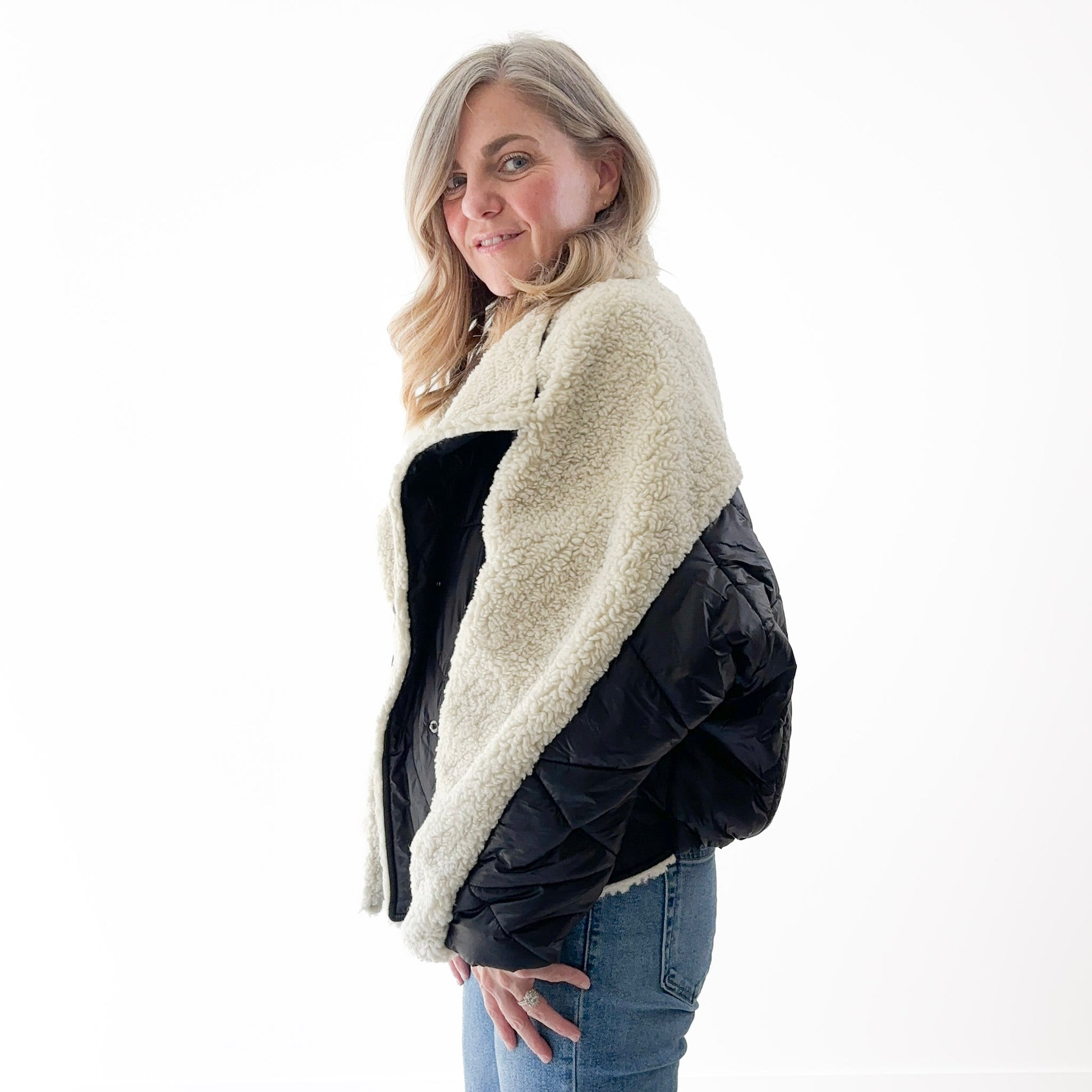 Women's ivory sherpa with black nylon bomber jacket