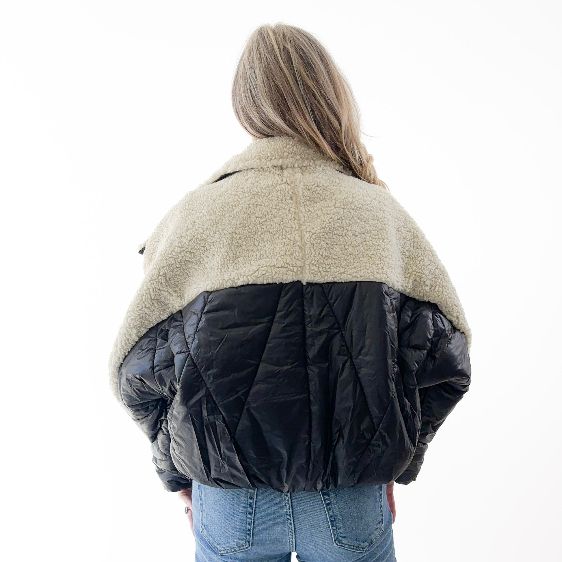 Women's ivory sherpa with black nylon bomber jacket