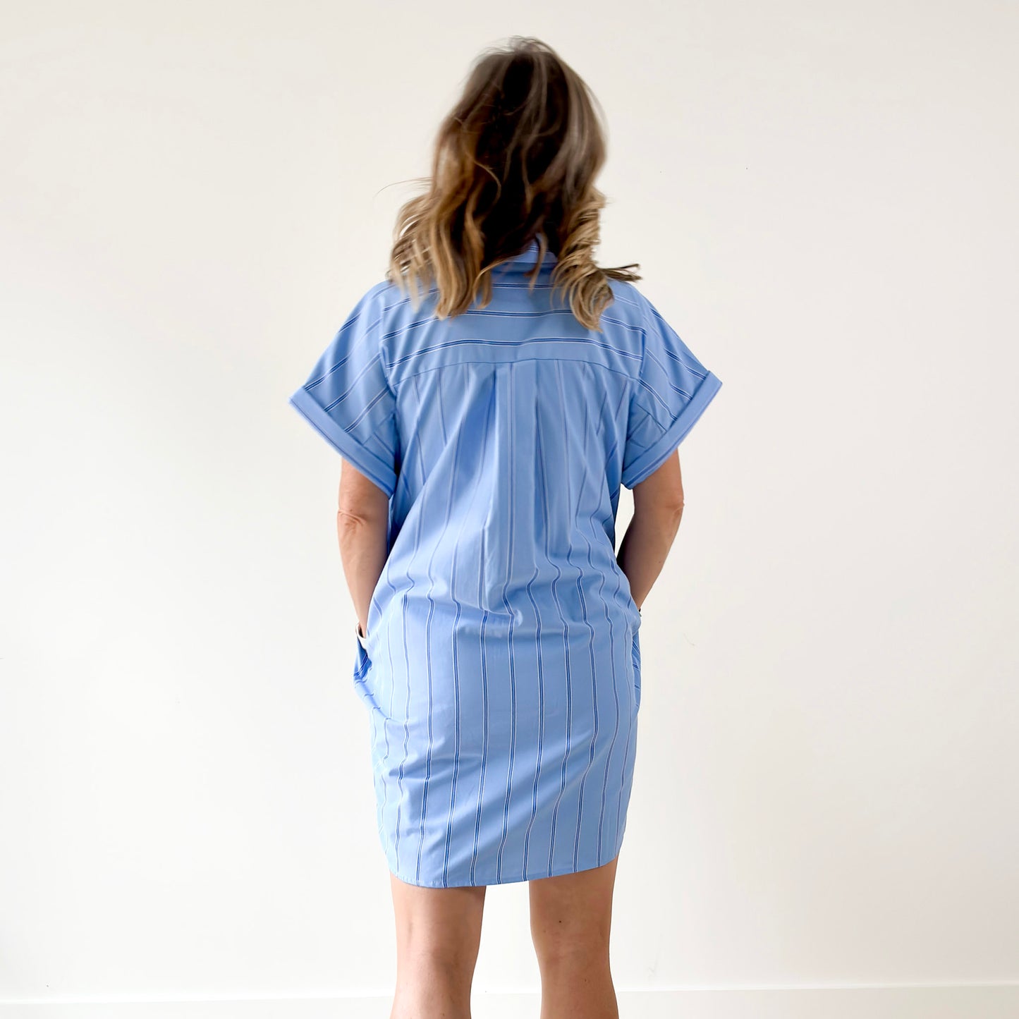 Women's Blue and white stripe button front short sleeve mini shirt dress
