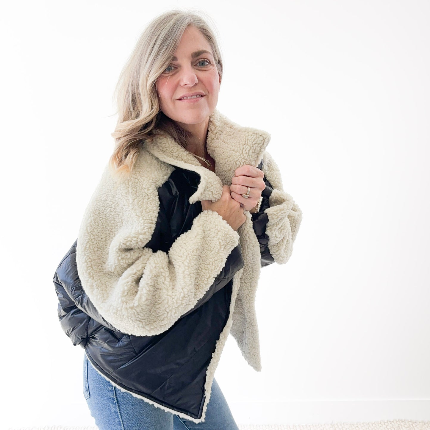 Women's ivory sherpa with black nylon bomber jacket