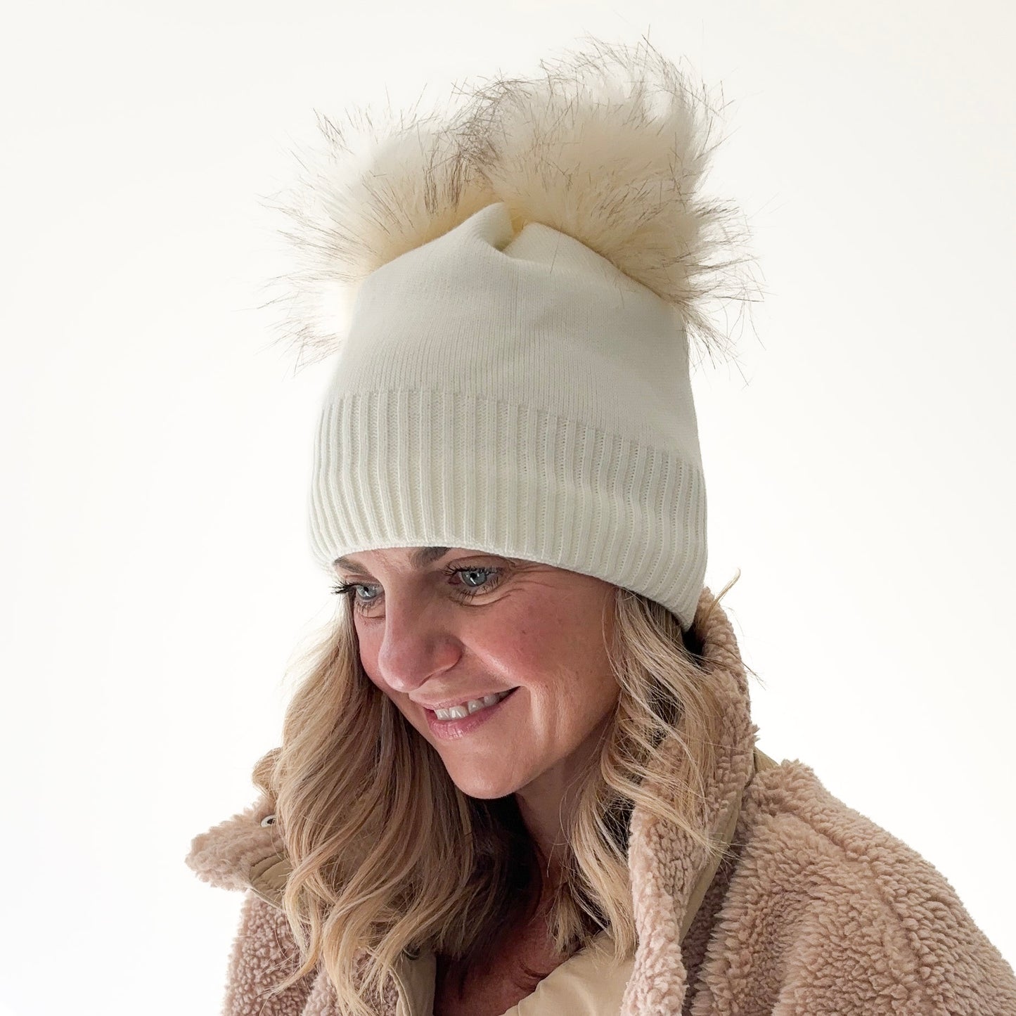 Ivory Double Pom Pom Cozy Fleece Lined Rib Cuff Beanie