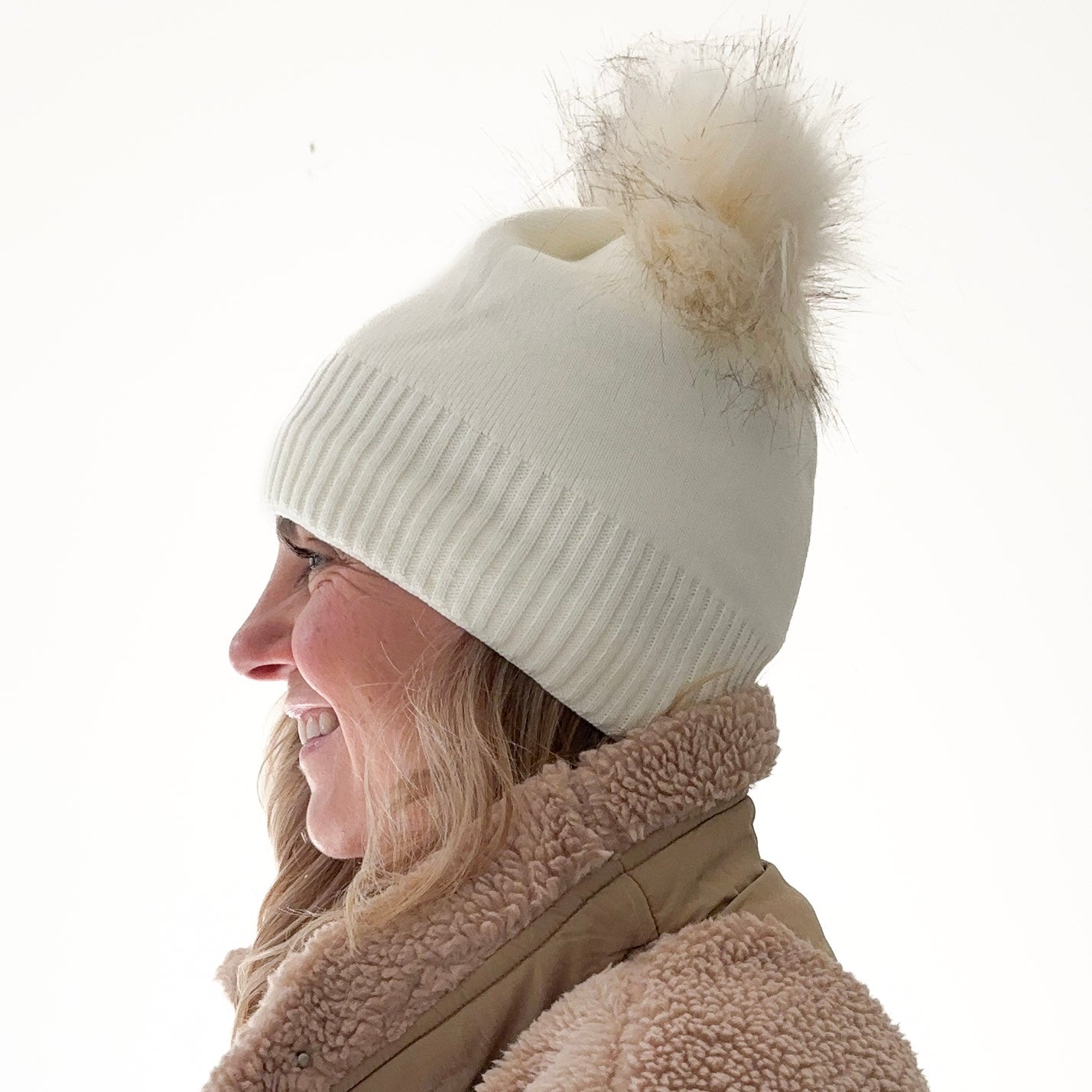 Ivory Double Pom Pom Cozy Fleece Lined Rib Cuff Beanie