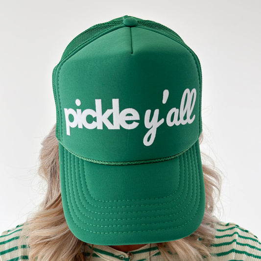 Women's kelly green mid profile foam snapback trucker hat with ivory flocked "pickle y'all" graphic
