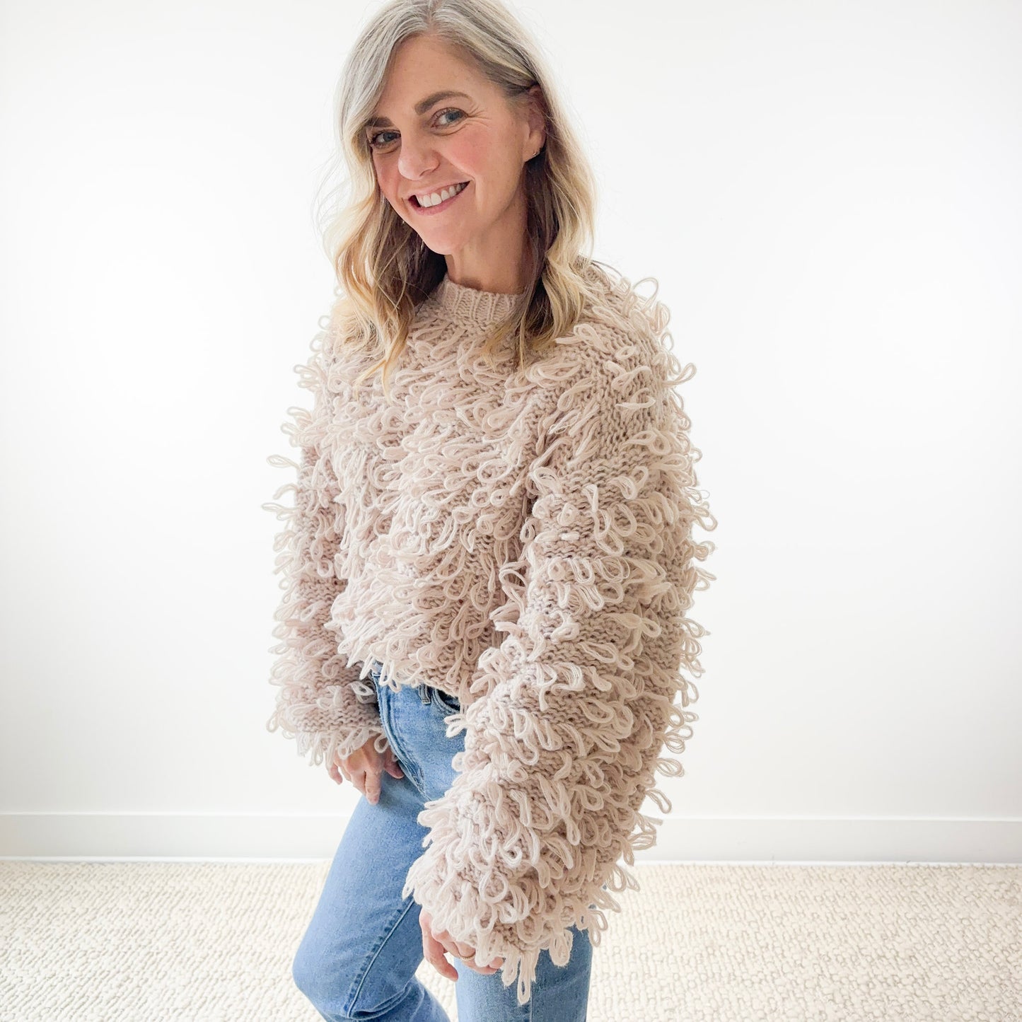 Fuzzy Loop Shag Crewneck Cropped Sweater