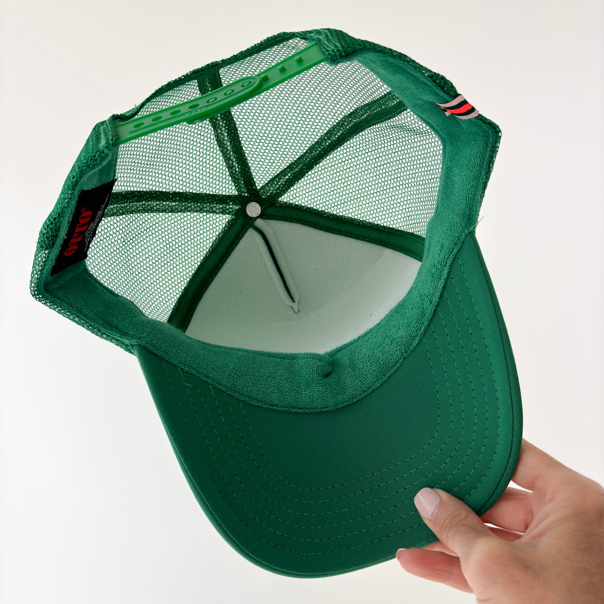 Women's kelly green mid profile foam snapback trucker hat with ivory flocked "pickle y'all" graphic