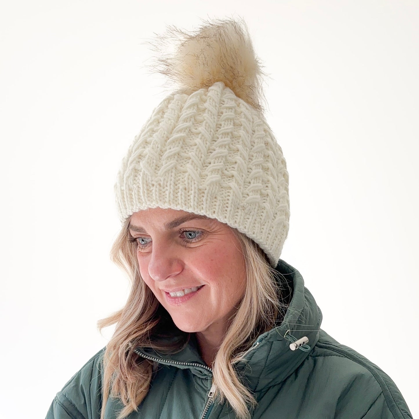 Ivory birdseye knit beanie with oversized ivory pom pom