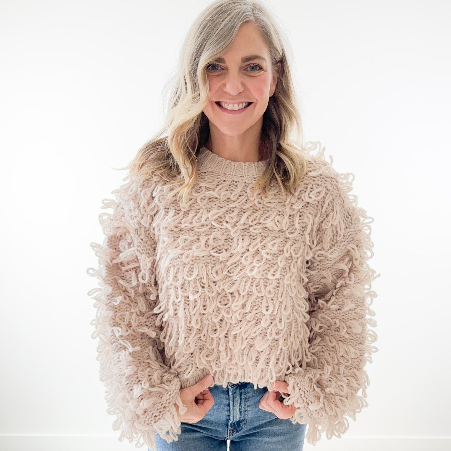 Fuzzy Loop Shag Crewneck Cropped Sweater