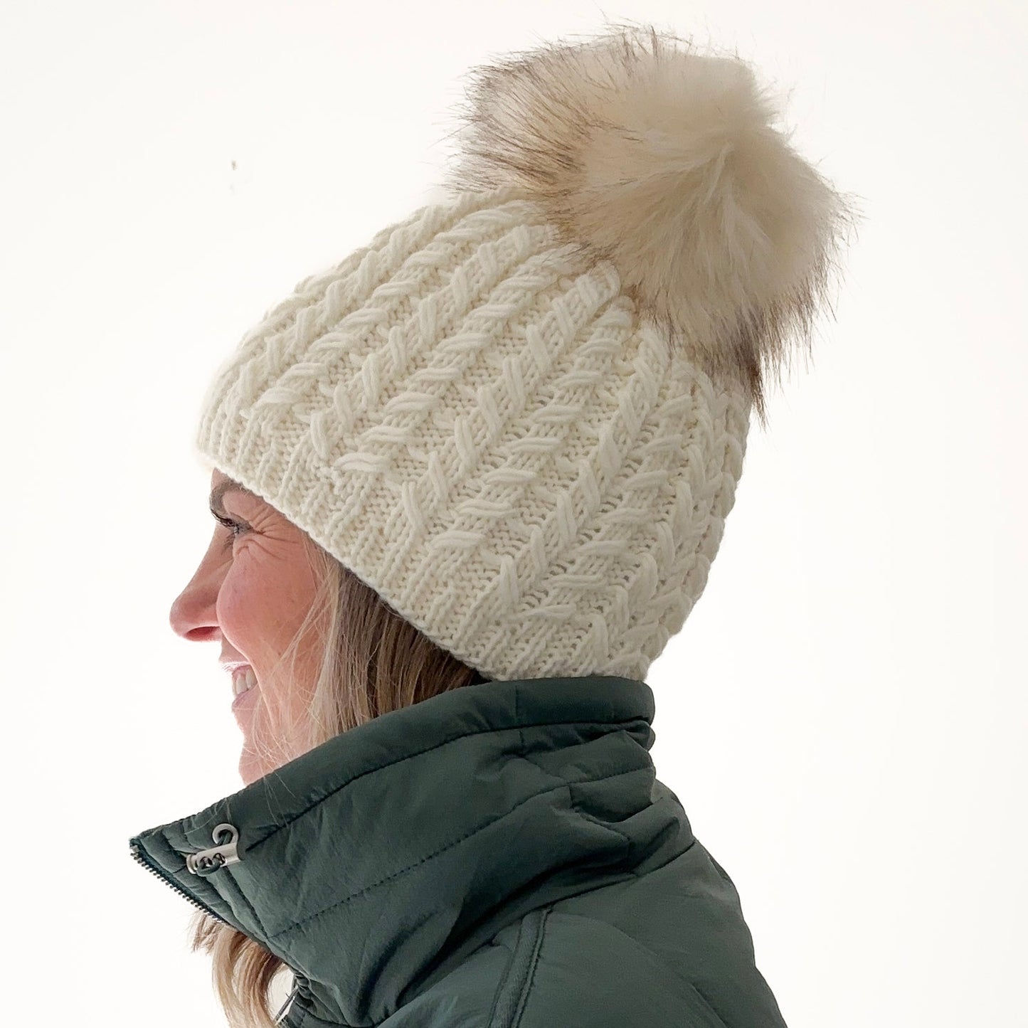 Ivory birdseye knit beanie with oversized ivory pom pom