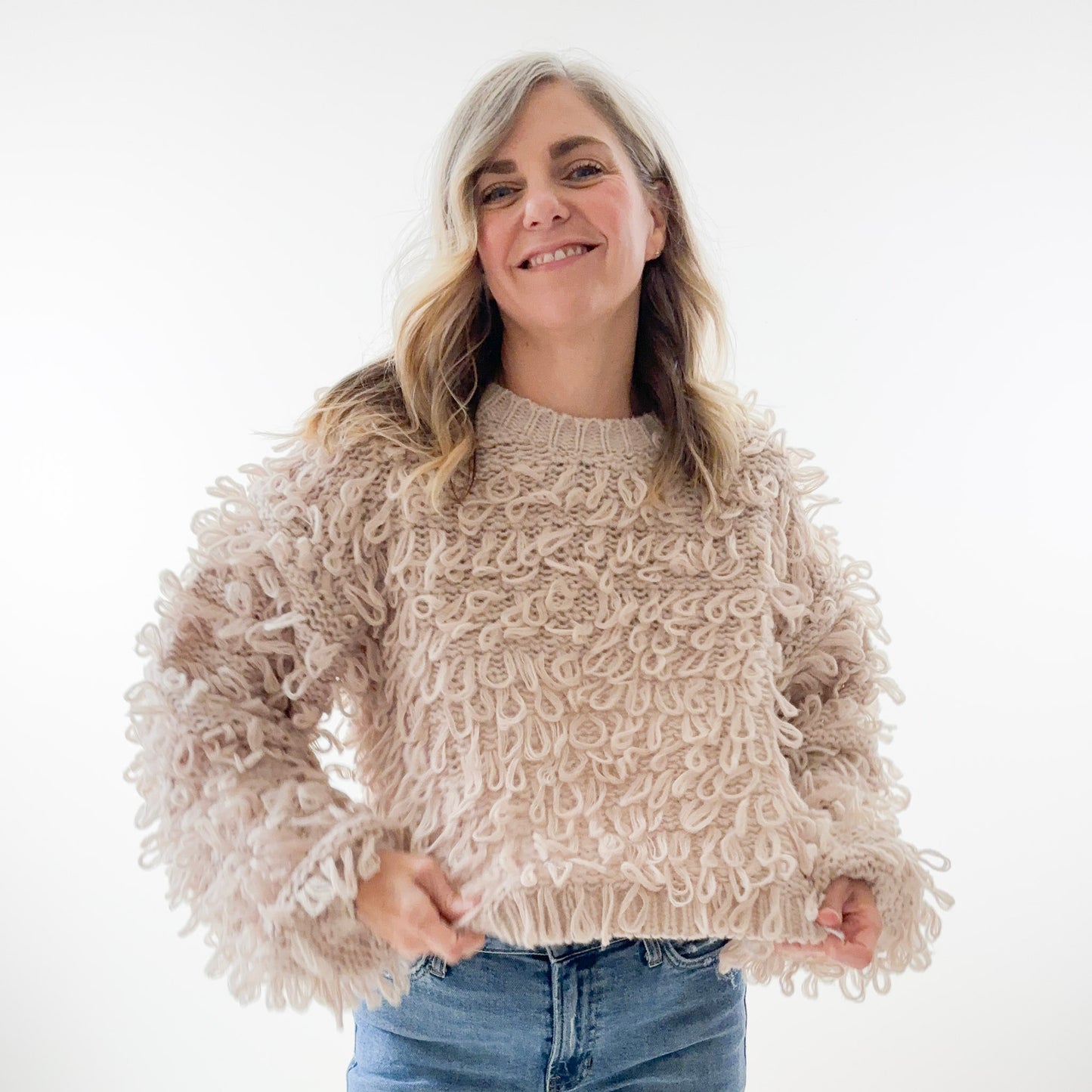 Fuzzy Loop Shag Crewneck Cropped Sweater