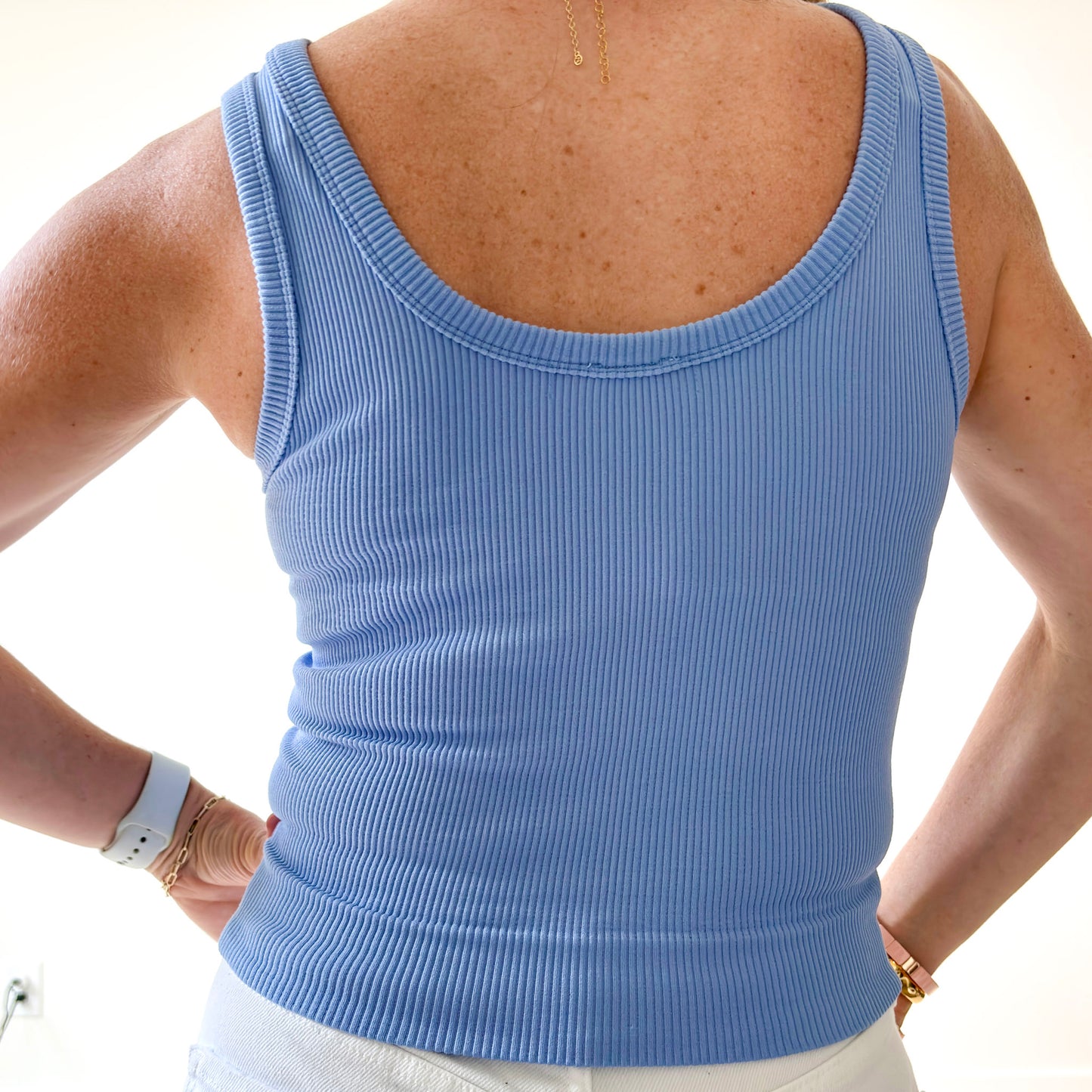 Women's dusty blue ribbed wide strap compression tank top