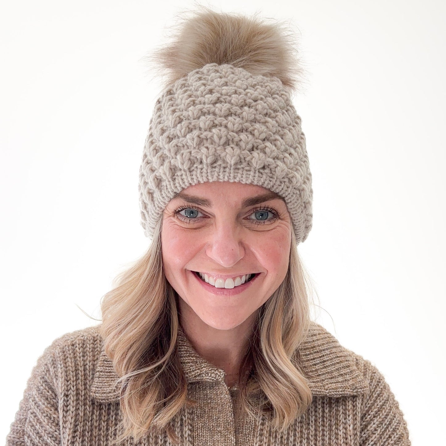 Oatmeal birdseye knit beanie with oversized ivory pom pom