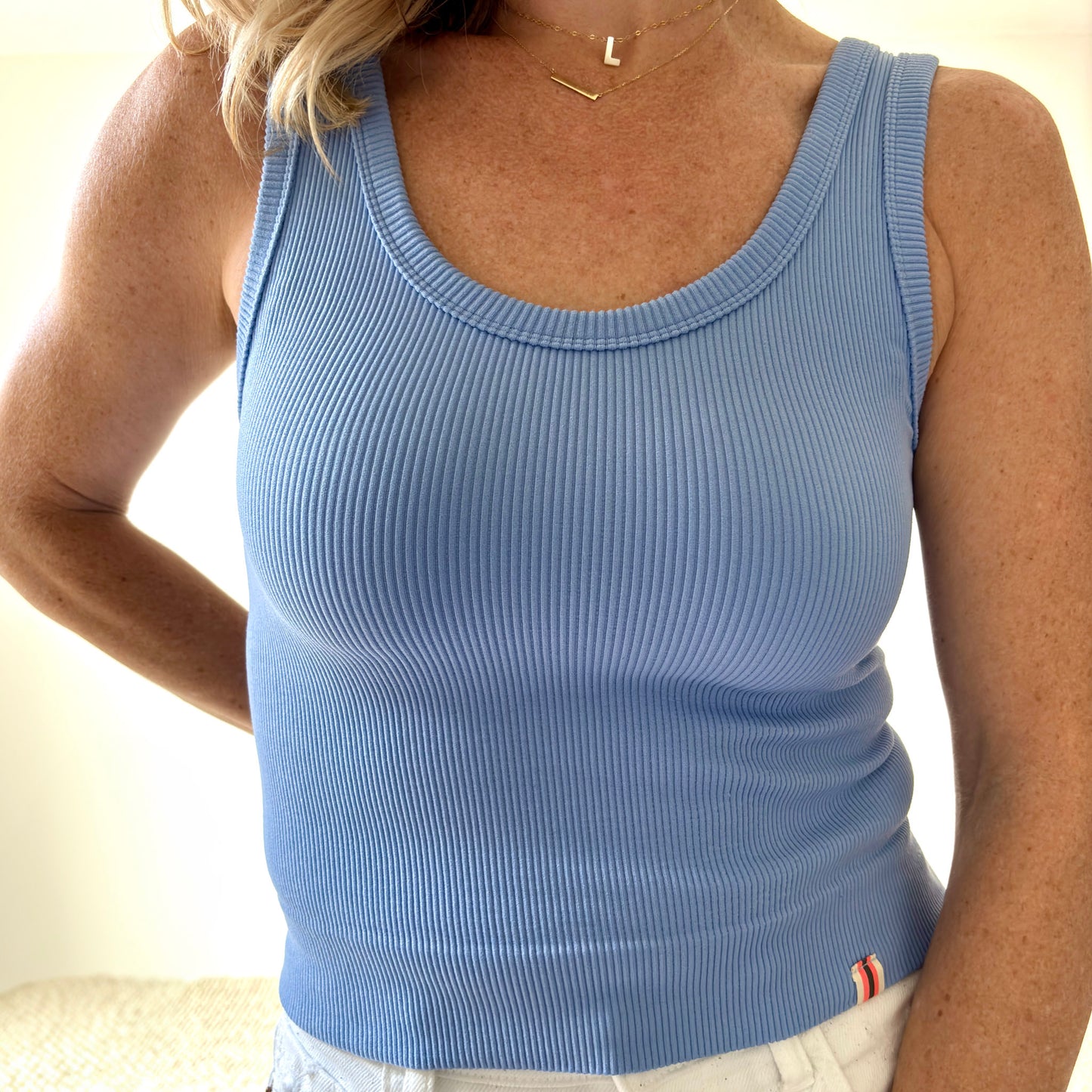 Women's dusty blue ribbed wide strap compression tank top