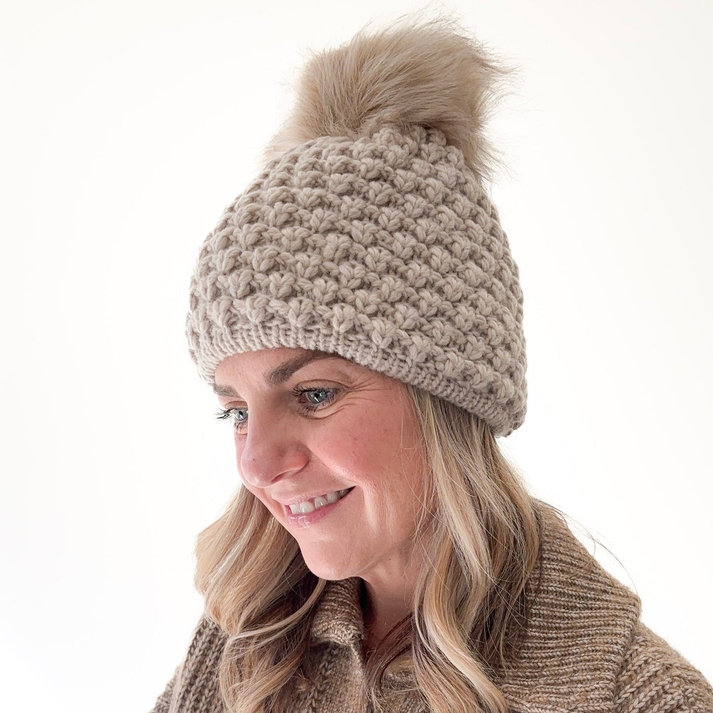 Ivory birdseye knit beanie with oversized ivory pom pom