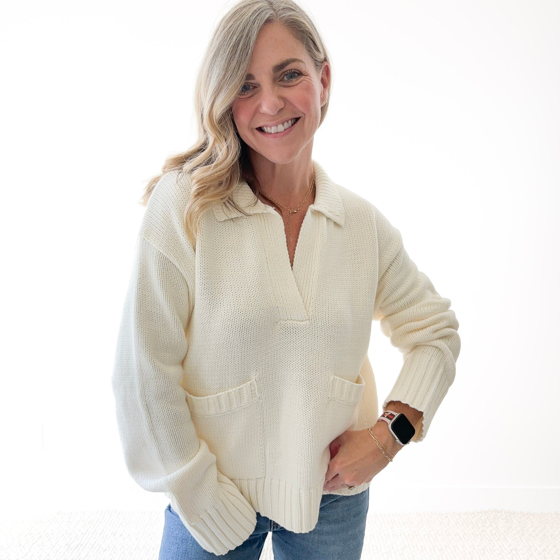 Ivory collared front pocket sweater with rib trim