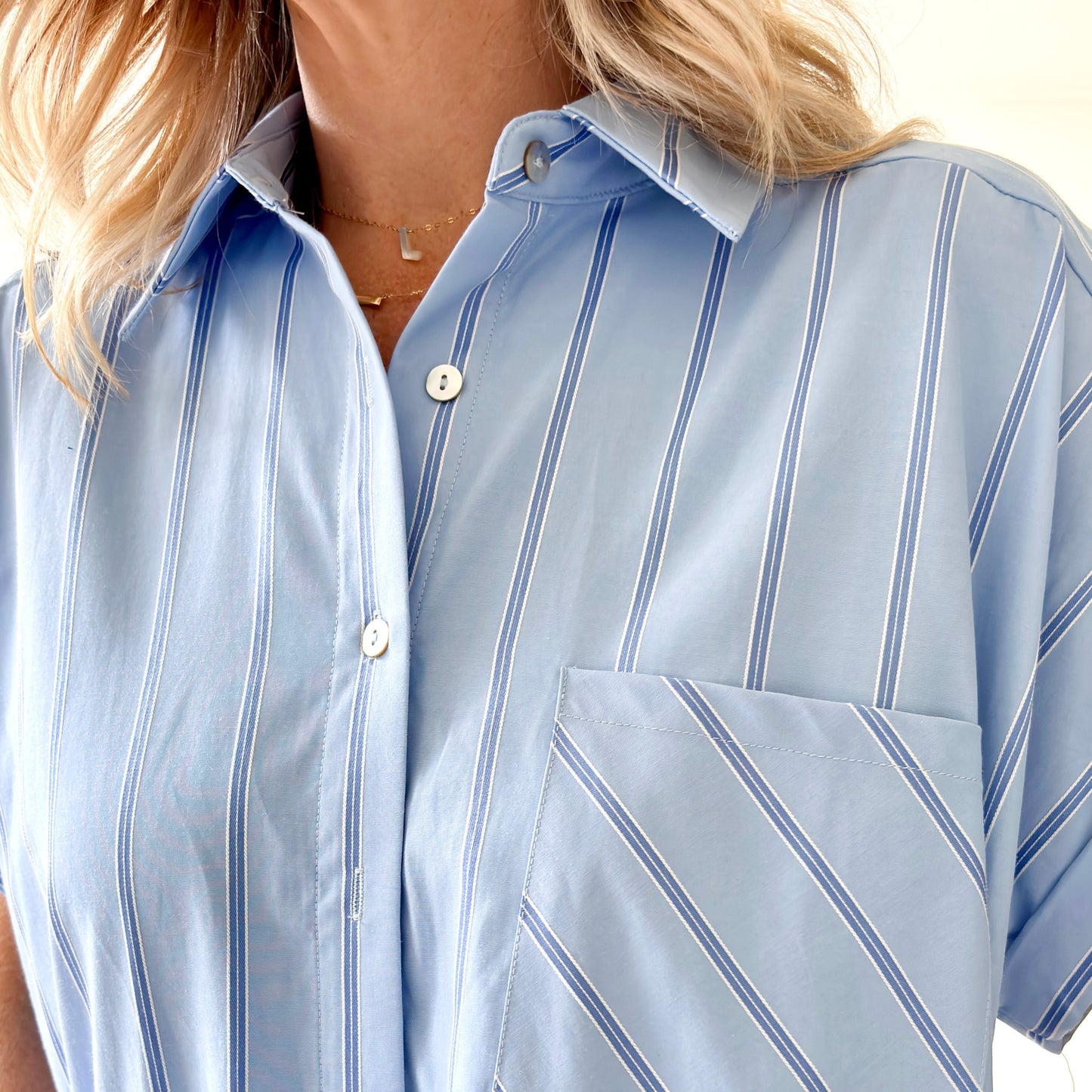 Women's Blue and white stripe button front short sleeve mini shirt dress
