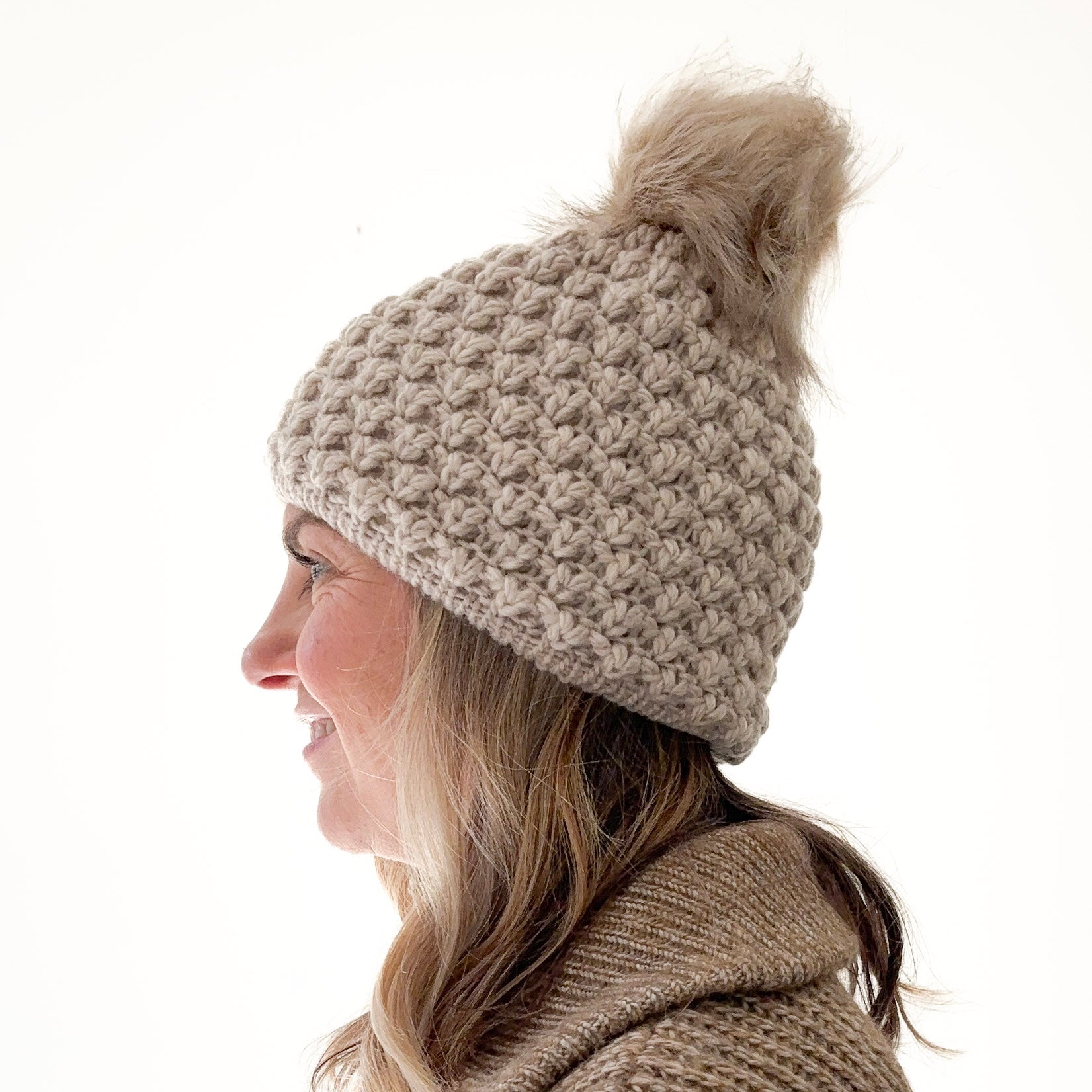 Ivory birdseye knit beanie with oversized ivory pom pom