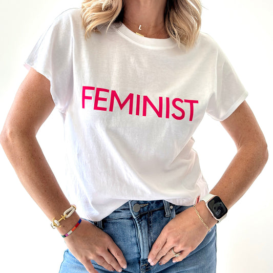 women's white short sleeve t shirt with neon pink feminist print