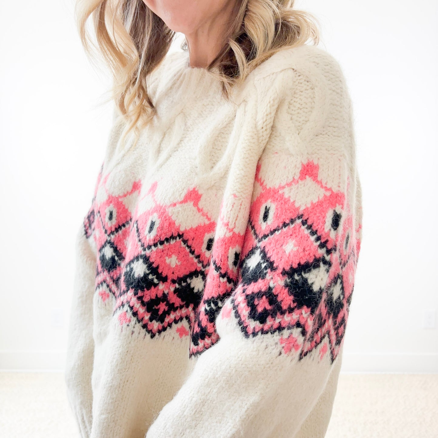 Après Perfect Fair Isle Cable Knit Crewneck Sweater