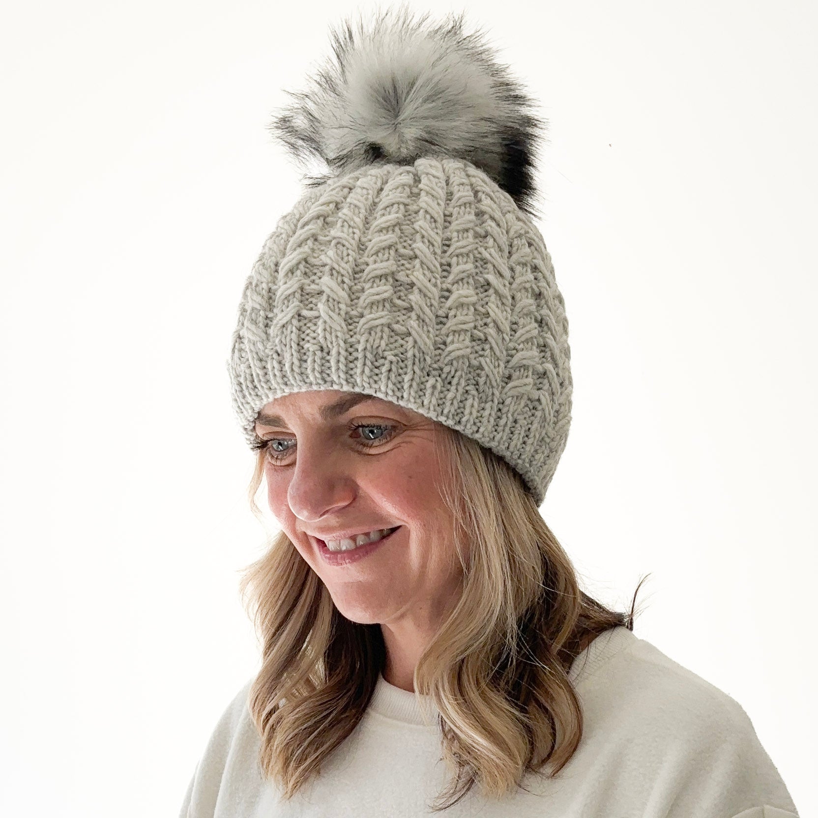 Platinum grey birdseye knit beanie with oversized ivory pom pom