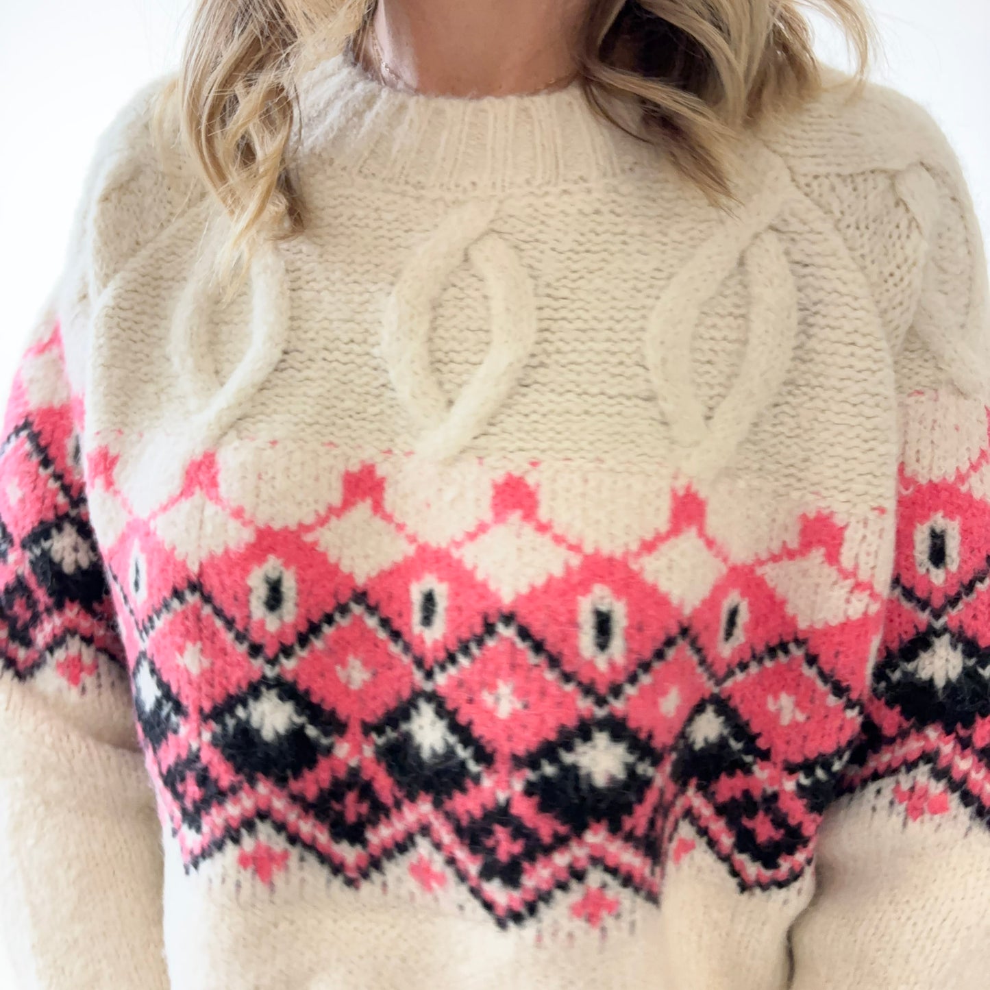 Après Perfect Fair Isle Cable Knit Crewneck Sweater