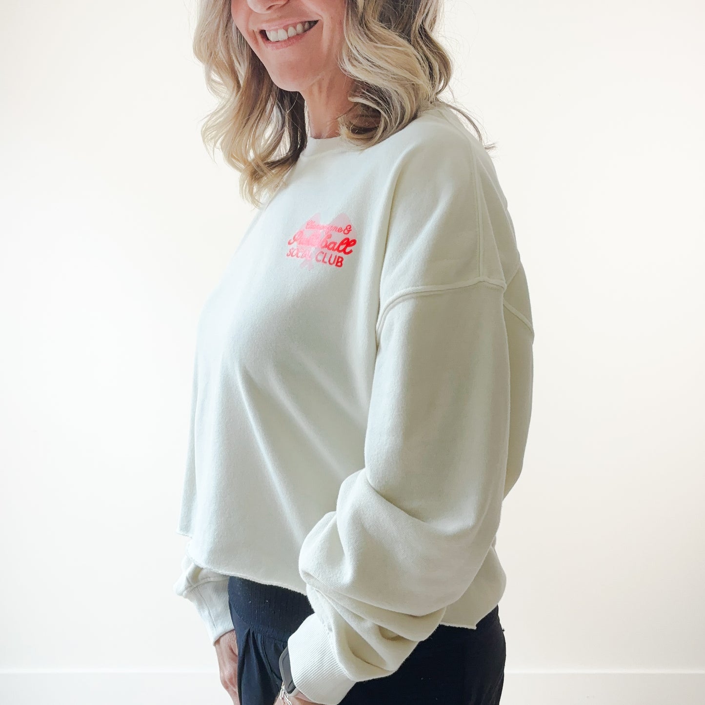 Ivory Champagne & Pickleball Social Club Long Sleeve Raw Edge Sweatshirt