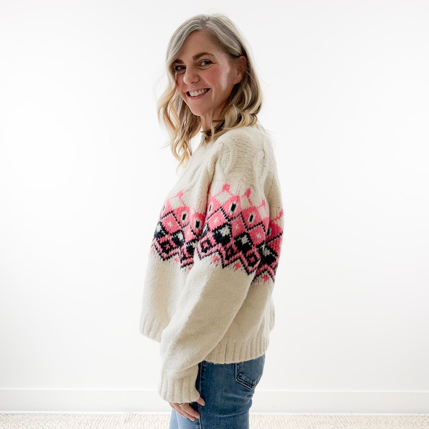 Après Perfect Fair Isle Cable Knit Crewneck Sweater