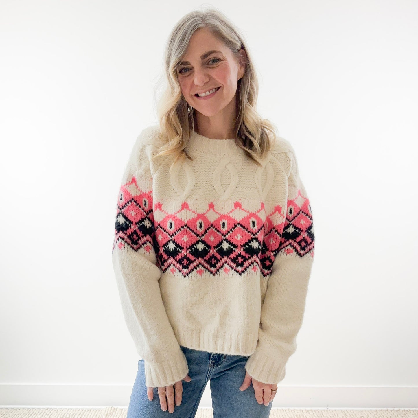 Après Perfect Fair Isle Cable Knit Crewneck Sweater