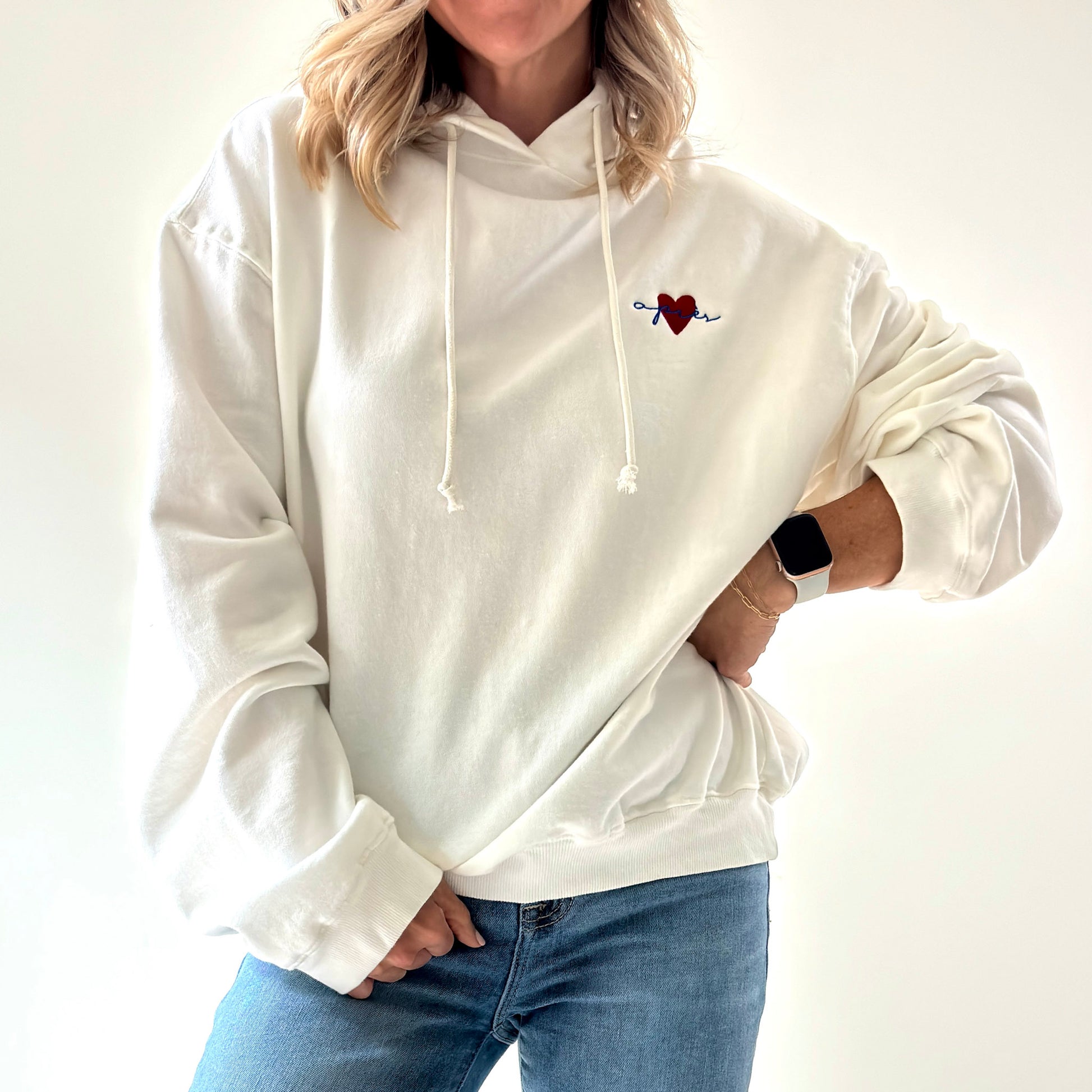 Women's ivory pullover hooded oversized light weight fleece sweatshirt with script après and heart embroidery