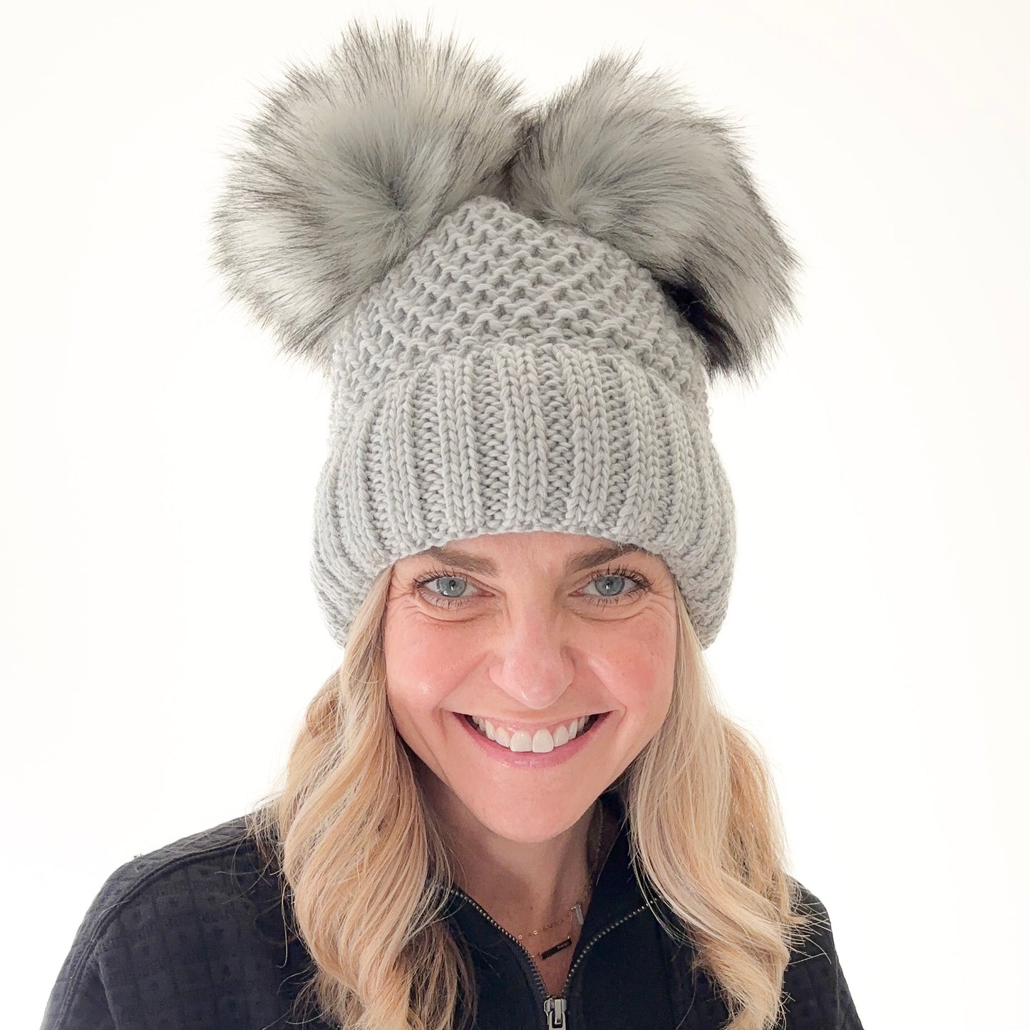 Grey Birdseye Knit Beanie with Rib Cuff and 2 oversized faux fur pom poms