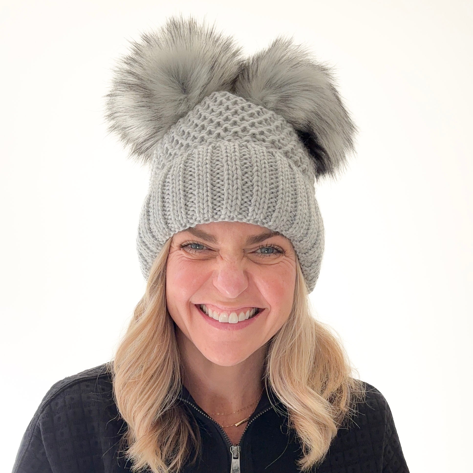 Grey Birdseye Knit Beanie with Rib Cuff and 2 oversized faux fur pom poms