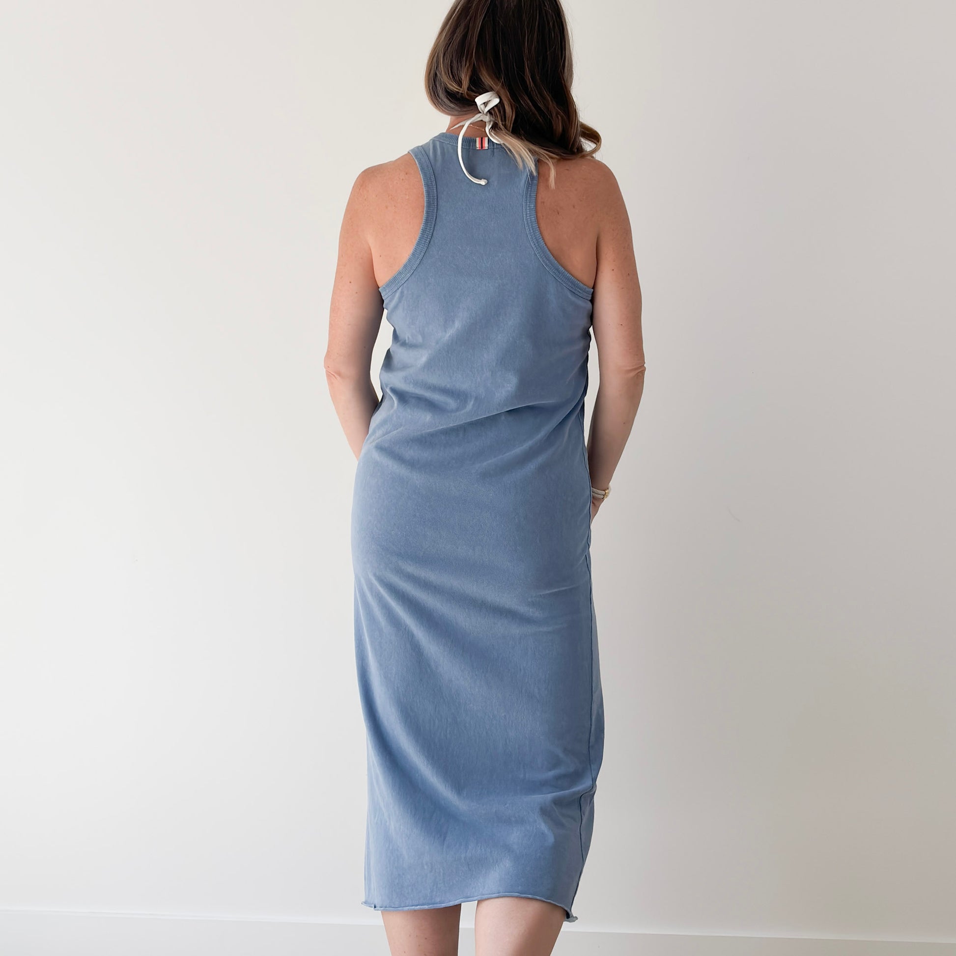 Women's grey blue knit tank racerback fitted midi dress with raw hem